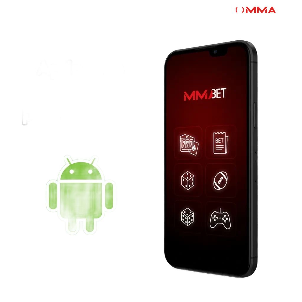 Aplicativo MMAbet para Android mostrado no smartphone; apostas e cassino, instalação gratuita e rápida em poucos toques.
